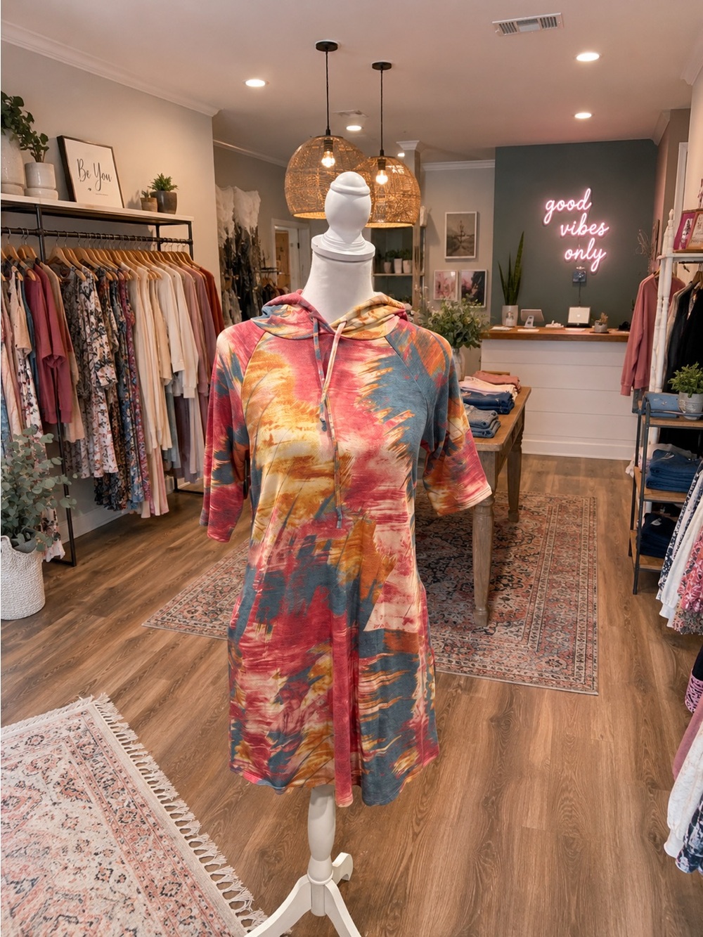 Sunday Morning Tie Dye Hooded Sweatshirt Dress Pockets Soft Cozy S M L